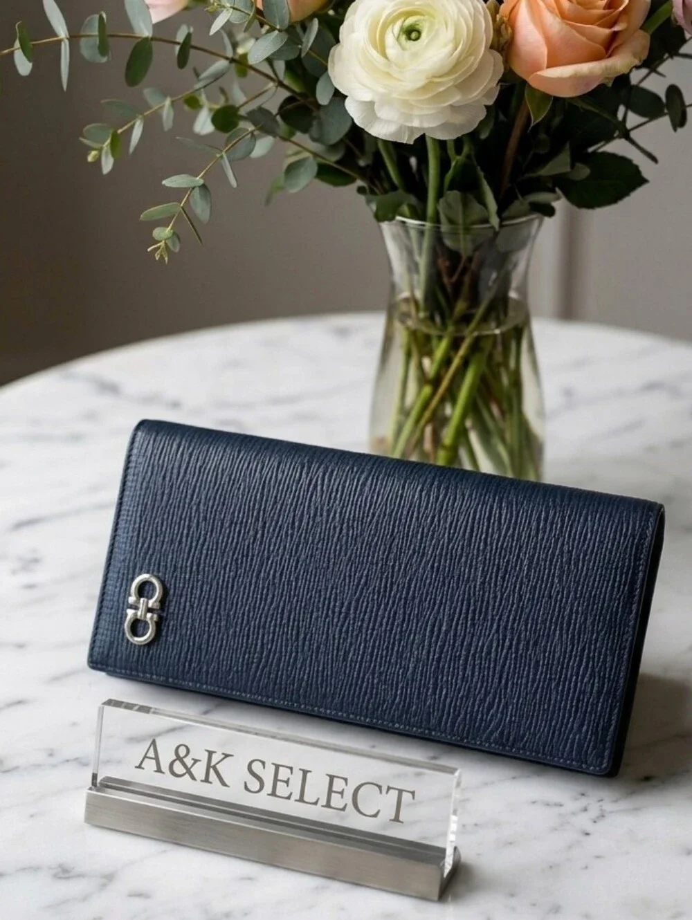 Salvatore Ferragamo Navy Textured Leather Long Card Holder with Silver Logo